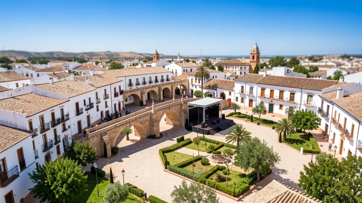 Vista aérea de un eje patrimonial en Cabra, Andalucía, con un puente histórico y un nuevo espacio escénico.