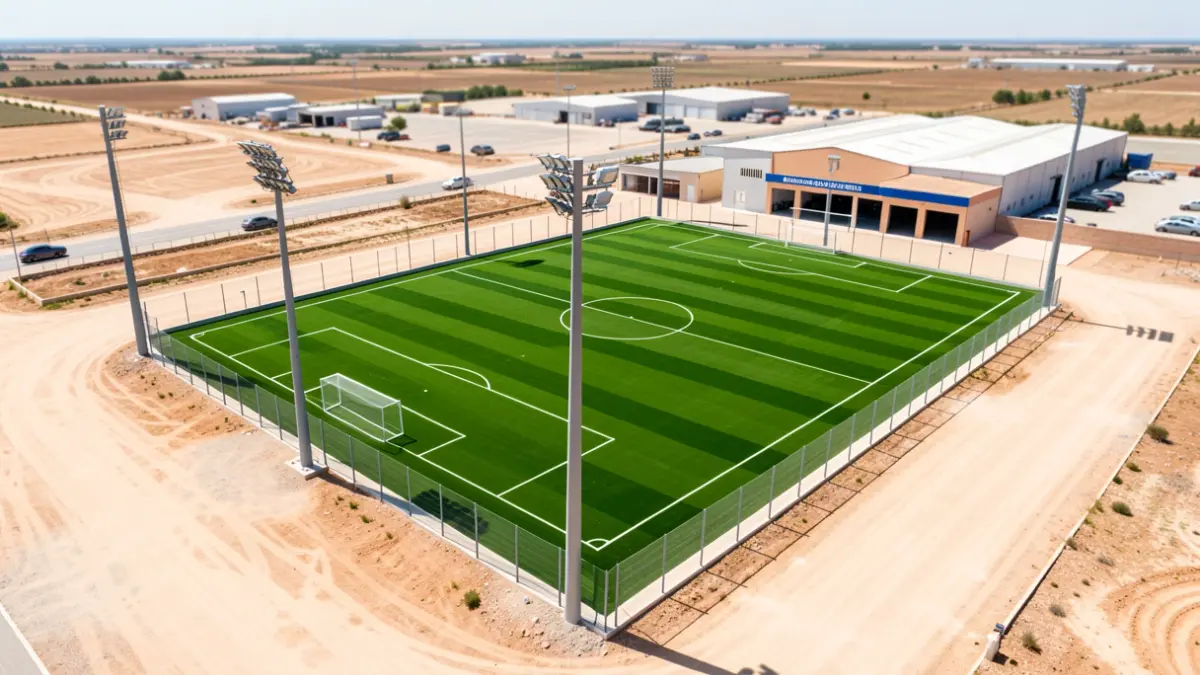 Aerial view of a new football 7 pitch with artificial turf and lighting towers in Cabra.