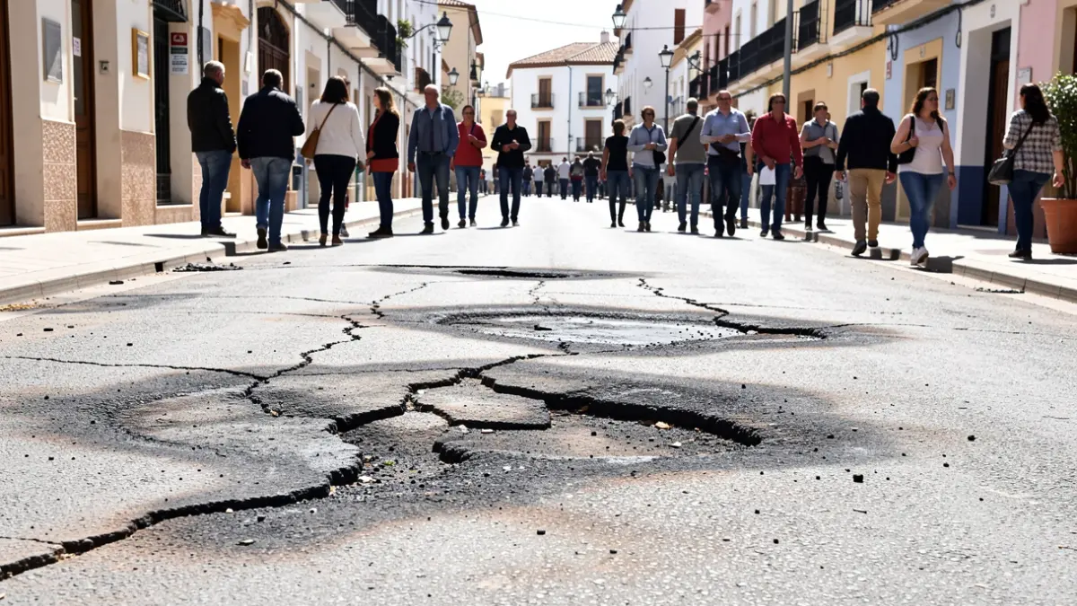 Imagen de asfalto dañado y quemado en una calle de Cádiz.
