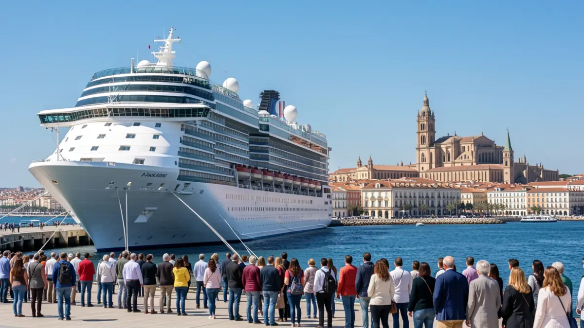 Imagen de un crucero atracado en el puerto de Cádiz con la ciudad de fondo.