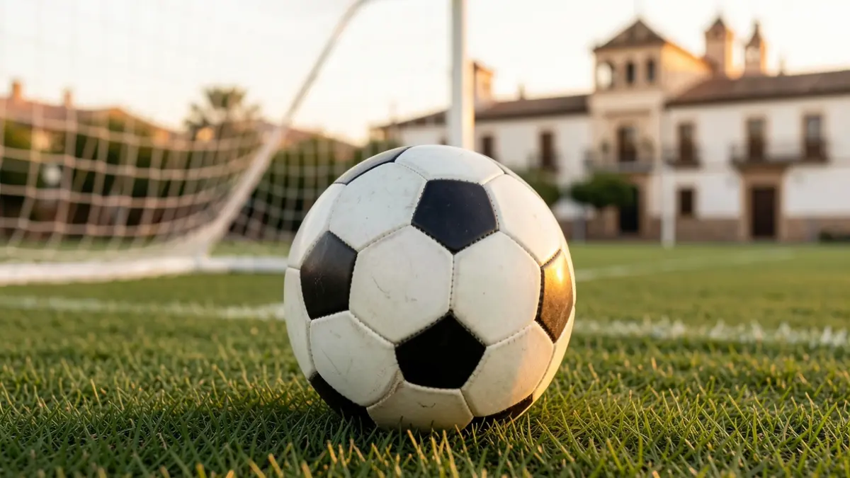 Generic image of a soccer ball on grass with a blurred goal in the background.