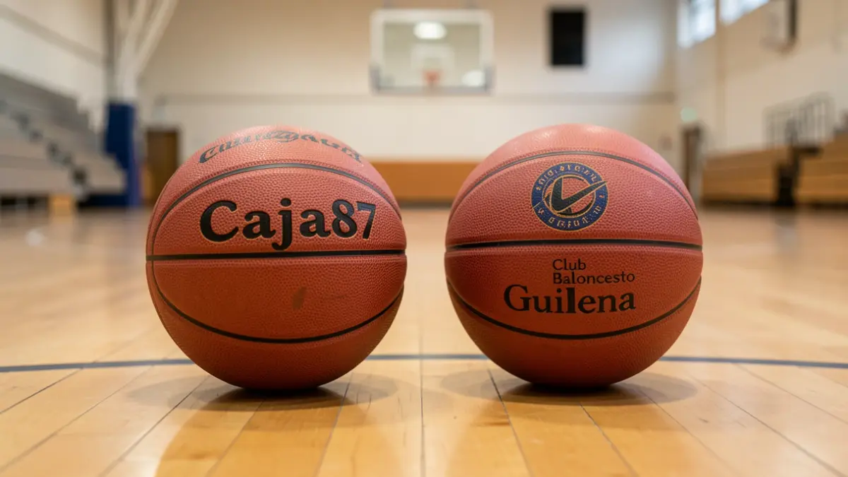 Dos balones de baloncesto, uno de Caja87 y otro del Club Baloncesto Guillena, sobre el suelo de un pabellón deportivo.