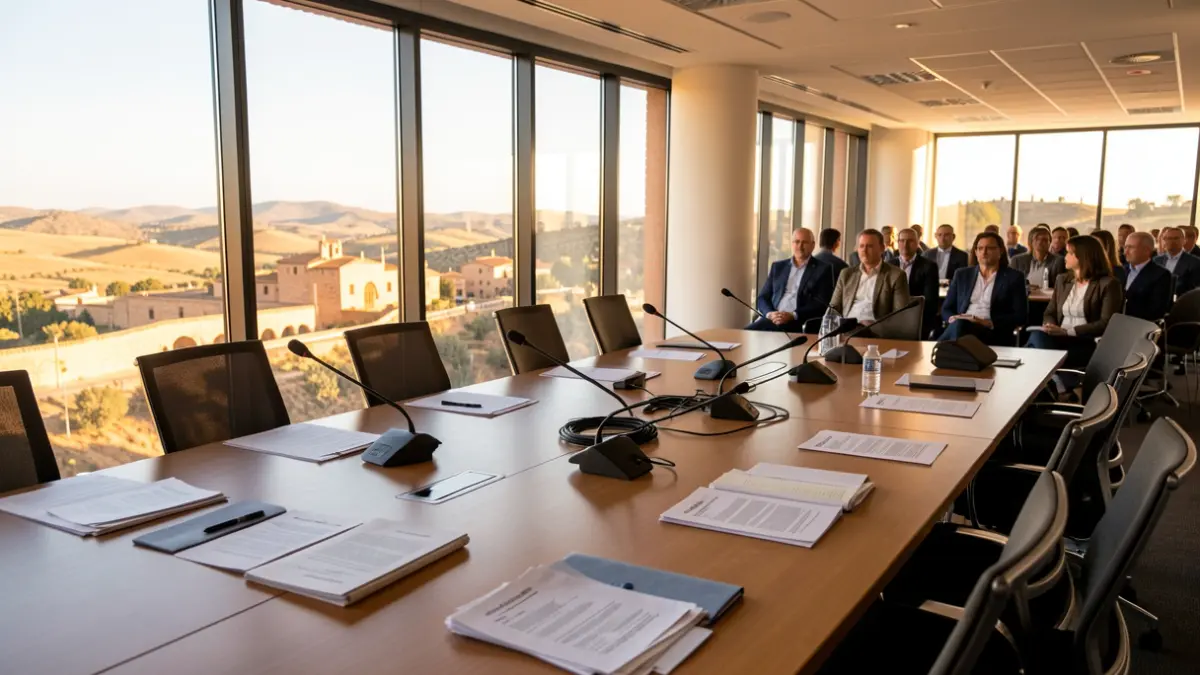Imagen genérica de una sala de reuniones en Andalucía con documentación sobre la mesa.