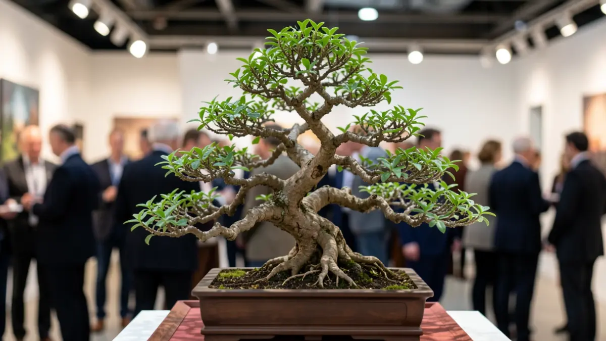 Primer plano de un árbol bonsai en una sala de exposiciones.