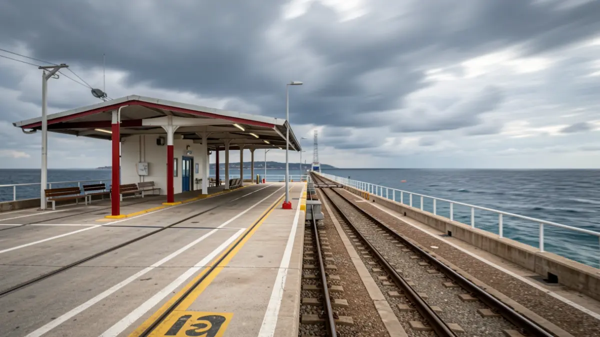 Imagen genérica de una terminal de ferry con áreas de espera vacías y vías que se pierden en el mar, bajo un cielo nublado.