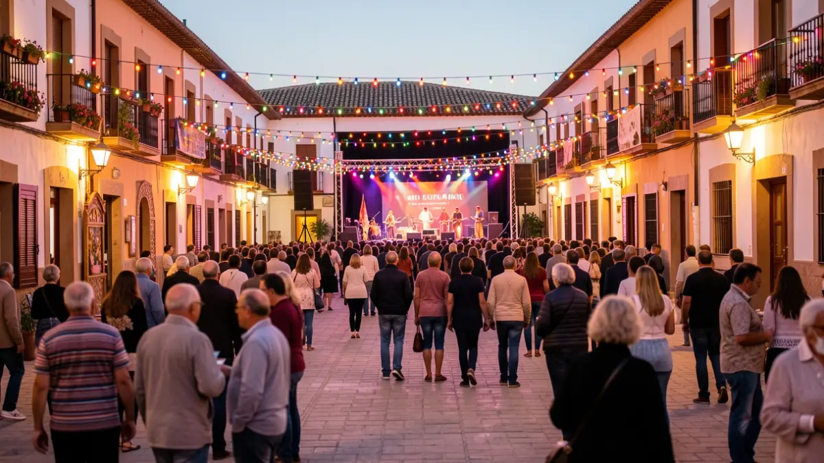 Plaza de un pueblo andaluz durante una feria con luces festivas y gente en el fondo.