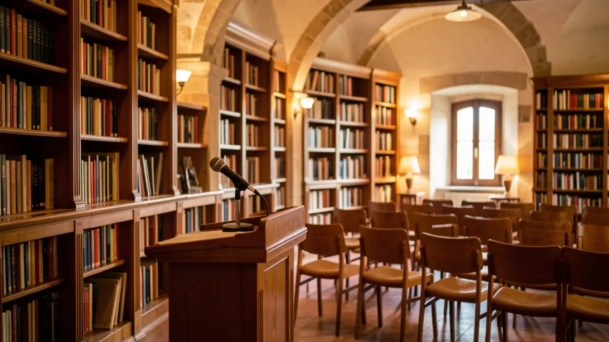 Library interior with a podium and microphone, set up for a literary event.