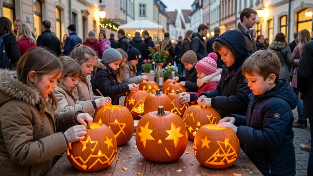 Niños decorando melones para convertirlos en farolillos.
