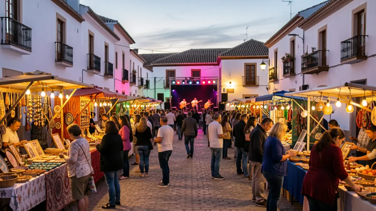 Imagen genérica de un festival cultural al aire libre en una plaza andaluza al atardecer.