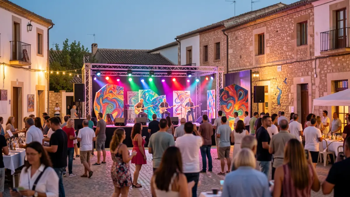 Imagen genérica de un festival cultural al aire libre en un pueblo andaluz al atardecer, con luces y ambiente festivo.