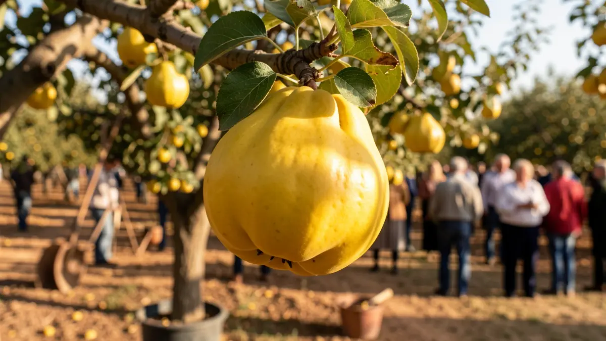 Close-up of quinces on a branch, with an Andalusian orchard and agricultural tools in the background.