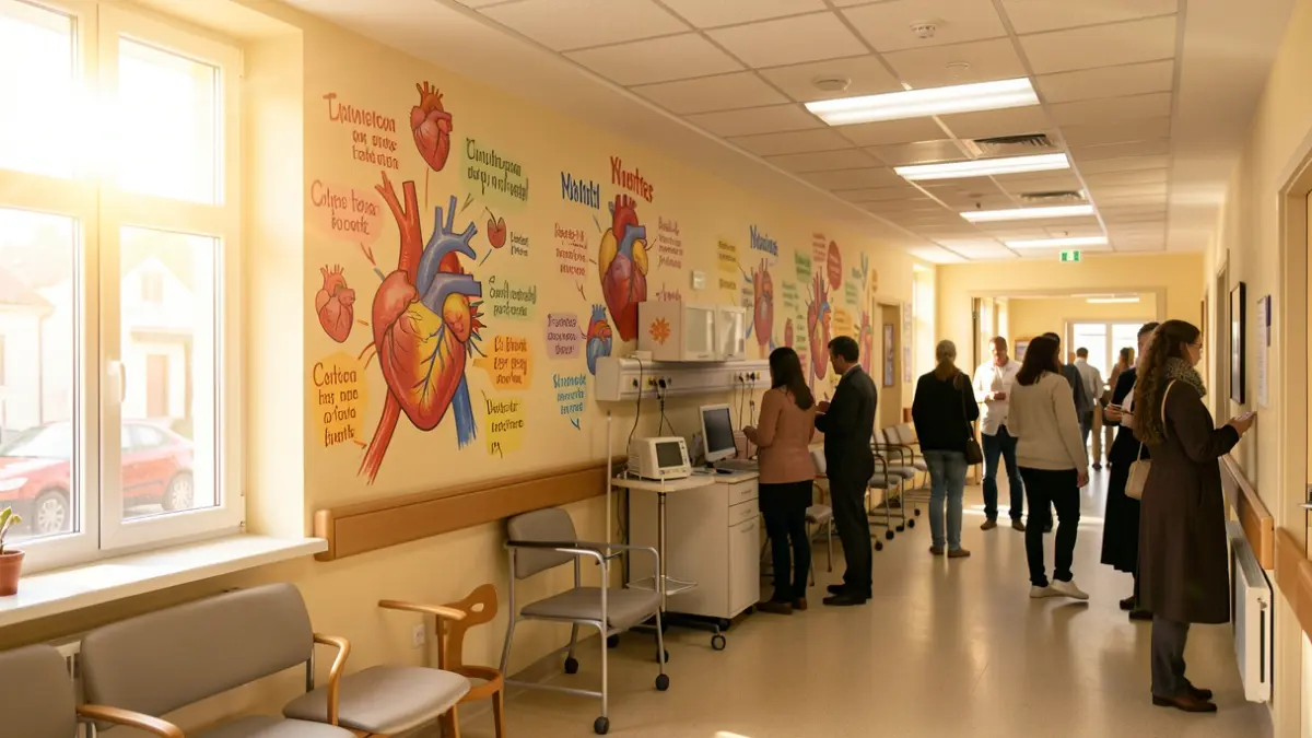 Imagen de la planta de Cardiología del Hospital Juan Ramón Jiménez decorada con murales sobre salud cardiovascular.