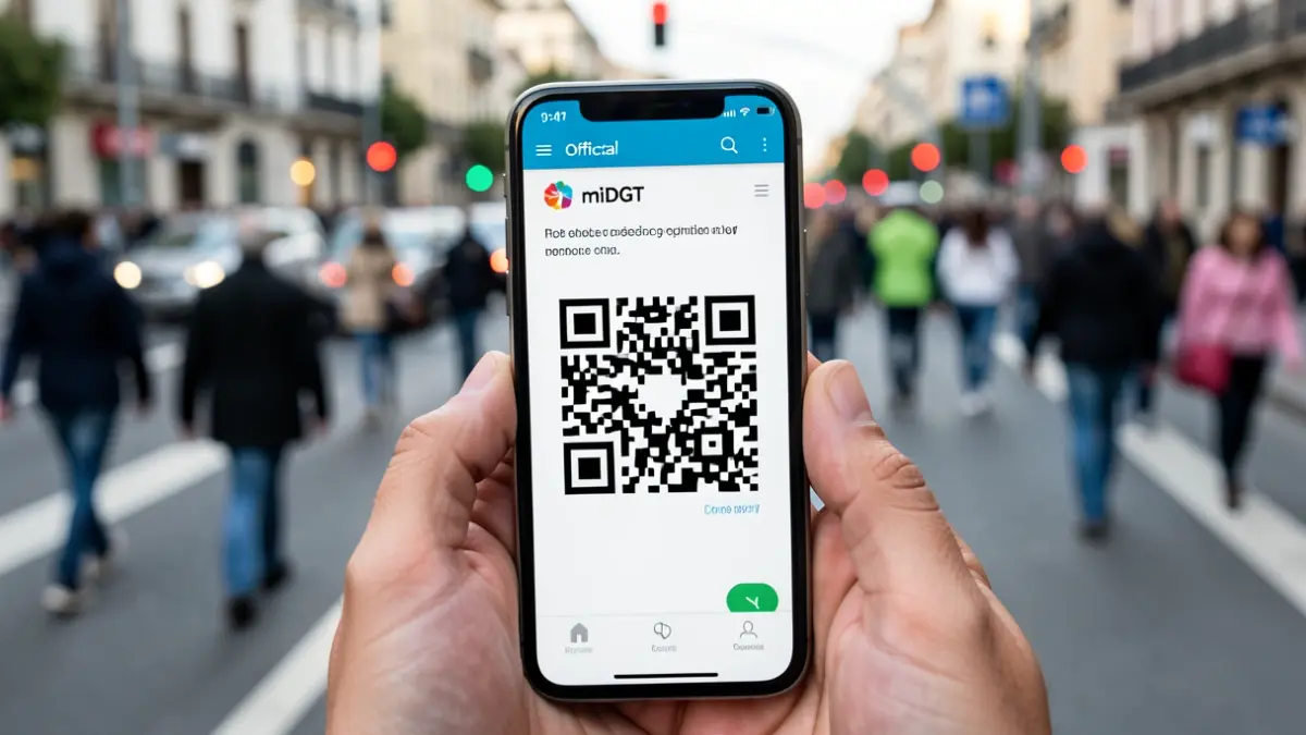 Close-up of a smartphone showing the miDGT app with a QR code, in a Spanish road context.