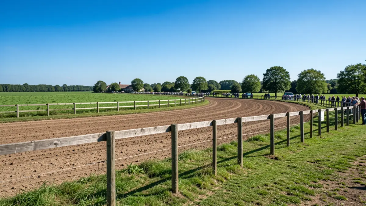 Horse racing track in a rural setting with a blue sky.