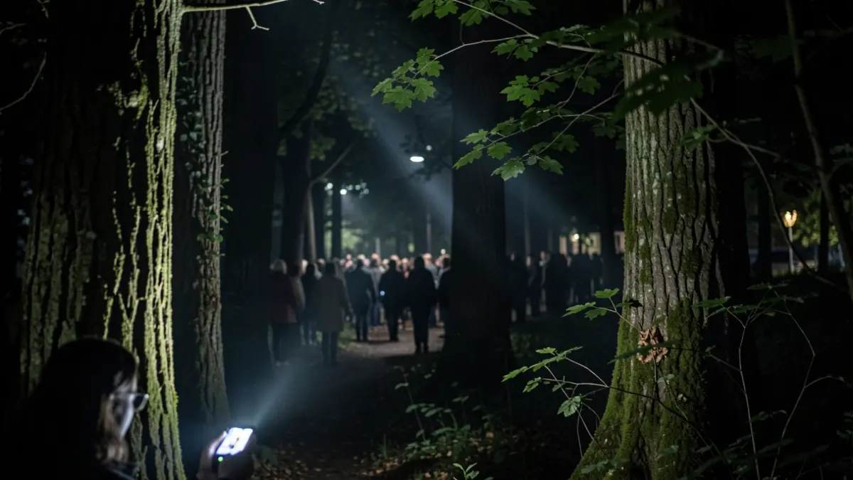 Imagen genérica de un bosque por la noche con un haz de luz.