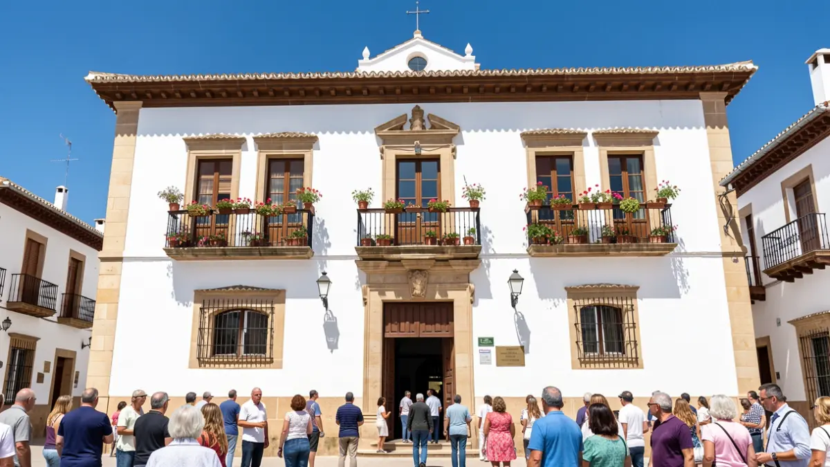 Facade of the Casares Town Hall, a white building with Andalusian architecture.