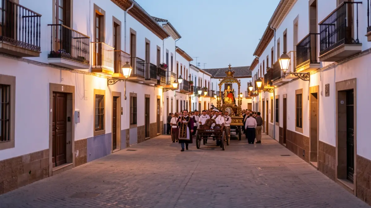Casares town square at dusk with white buildings, balconies, streetlights, and a religious procession in the background.