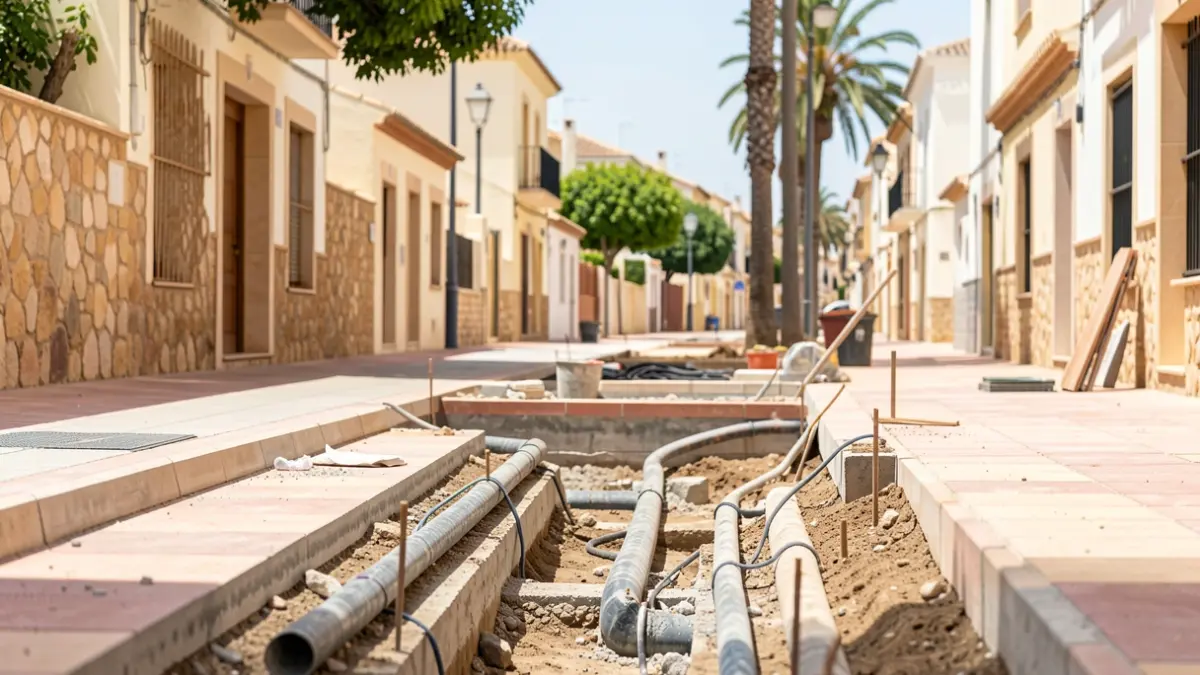 Image of the renovation works on Los Naranjos street in Secadero, Casares, with ongoing work.