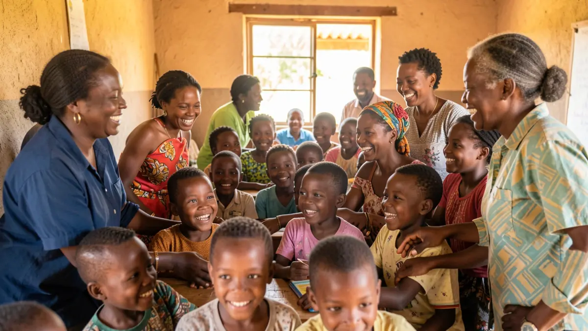 Generic image of volunteers interacting with children in a rural African school.