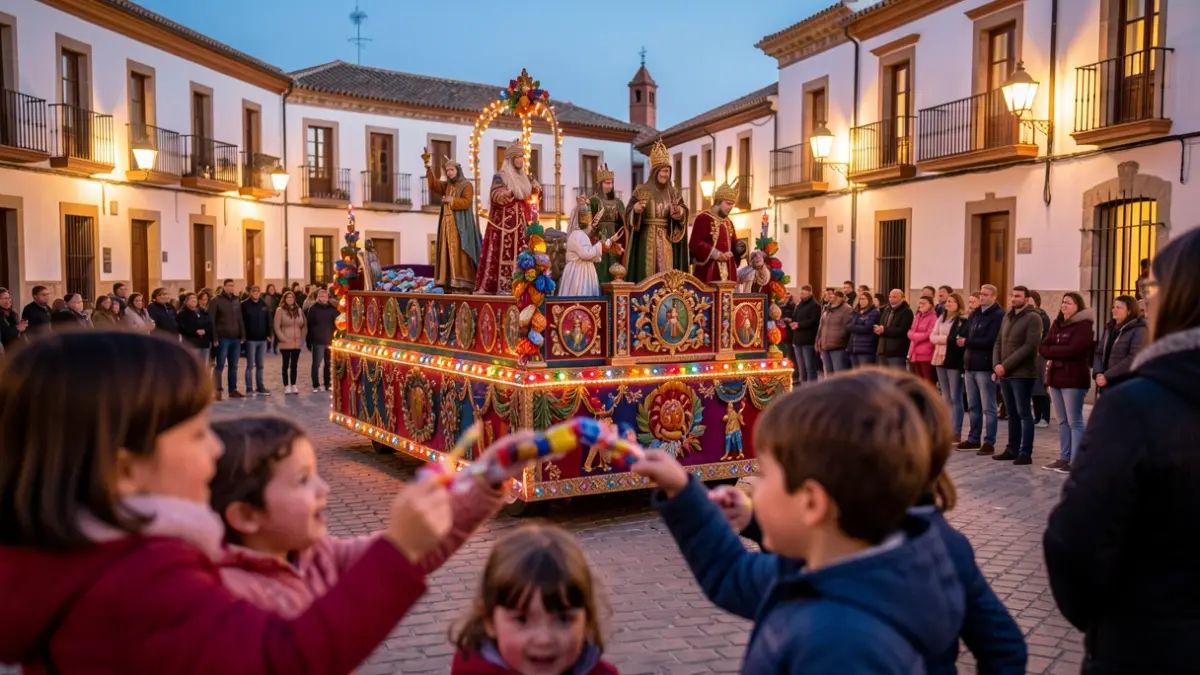 Generic image of a Three Kings' parade in Andalusia with a float and child audience.