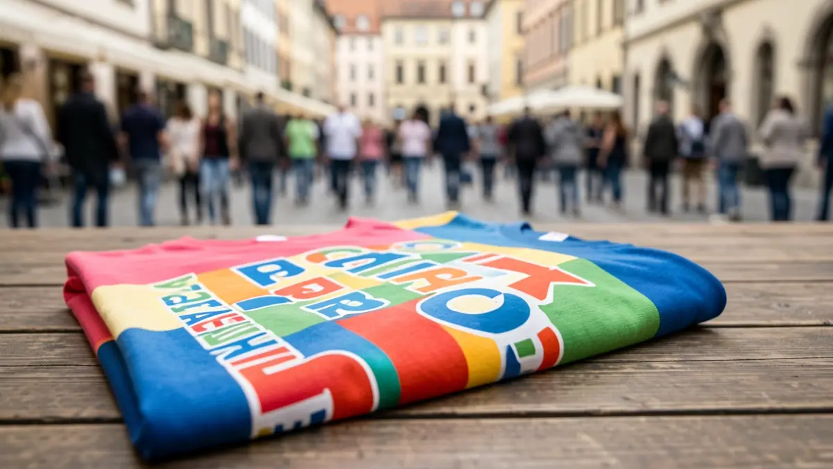 Camiseta solidaria preparada para la marcha contra el cáncer en un entorno urbano.
