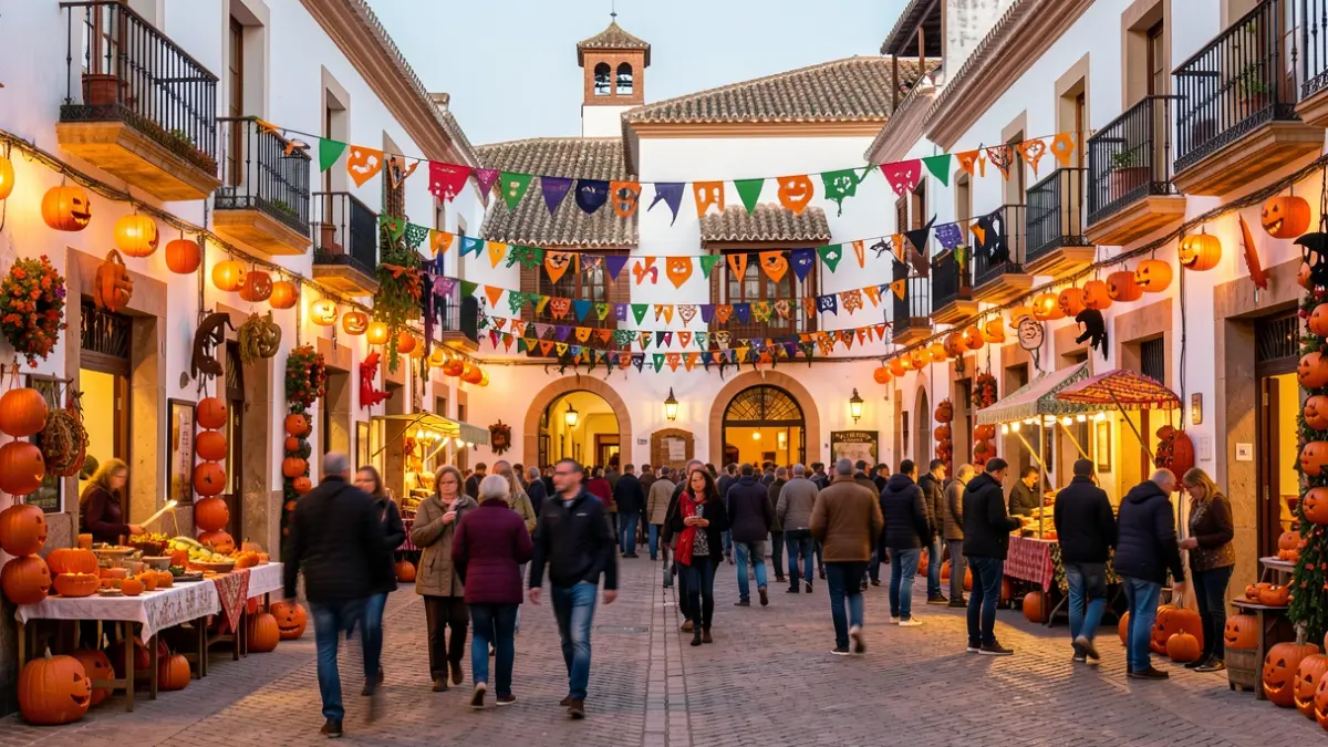Imagen genérica de una plaza de pueblo andaluz decorada para Halloween con ambiente festivo.