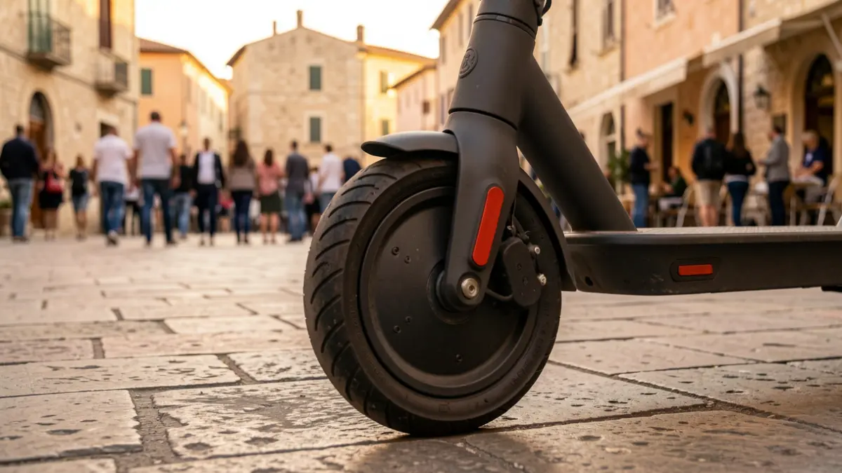 Close-up of an electric scooter wheel parked on a stone-paved sidewalk in an Andalusian town square at dusk.