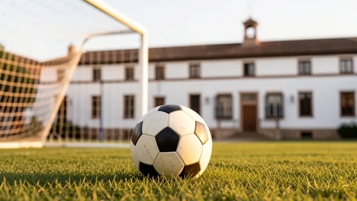 Imagen genérica de un campo de fútbol con una portería desenfocada y el ayuntamiento de un pueblo andaluz al fondo.