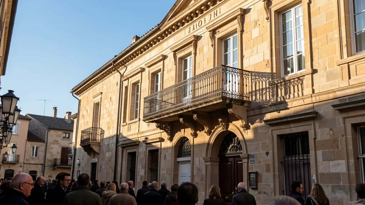 Facade of an Andalusian town hall with a balcony and iron railings, warm afternoon light.