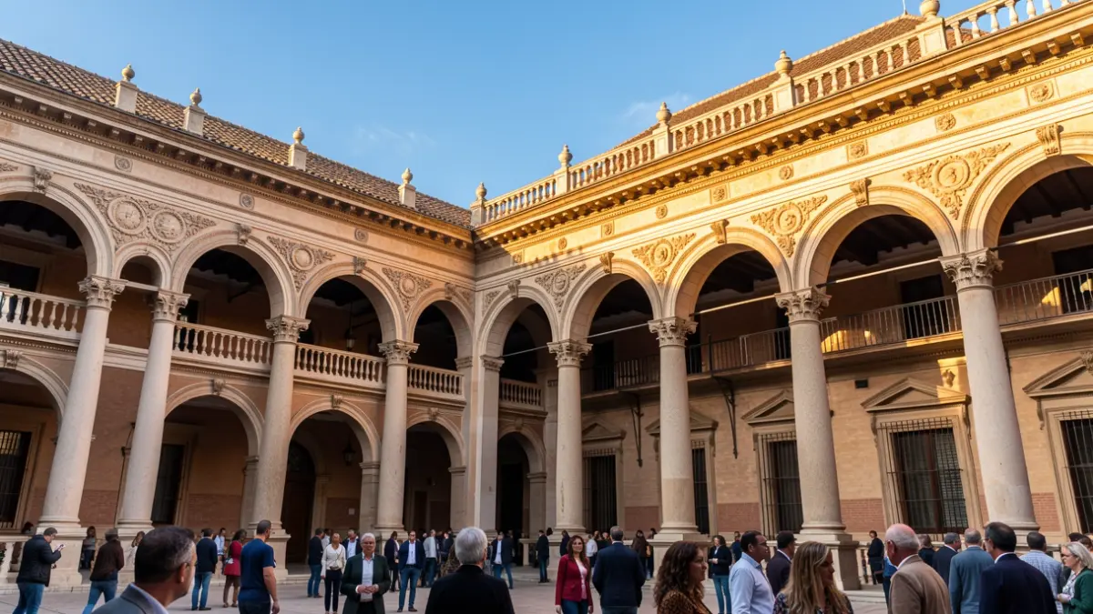 Patio de columnas de un palacio municipal andaluz con arcos y columnas, bajo la luz del sol de la tarde.
