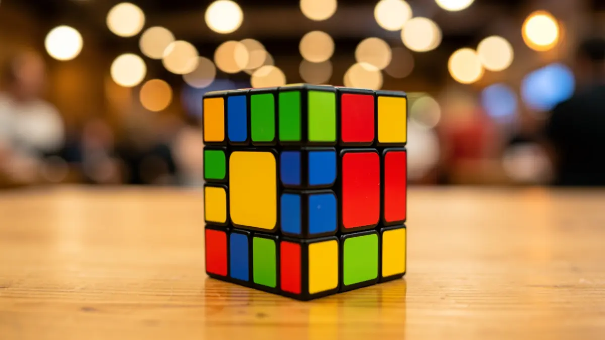 Close-up of a Rubik's Cube on a wooden table, with blurred competition lights in the background.