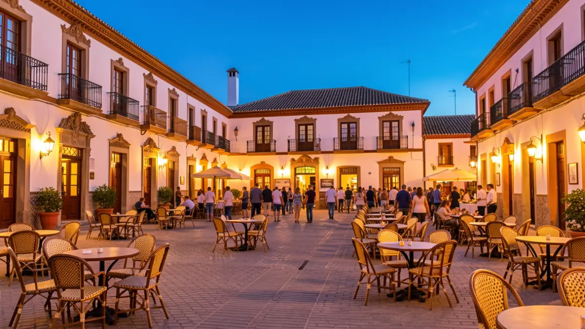 Andalusian town square at sunset with illuminated architecture.