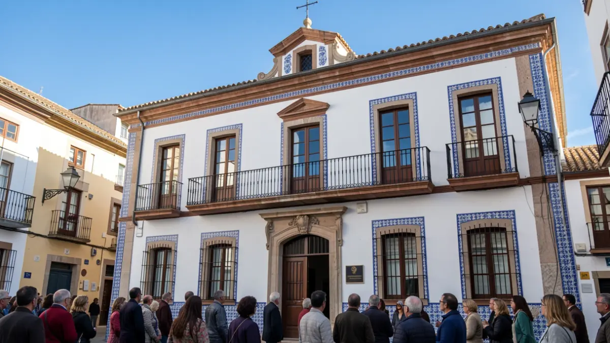 Facade of an Andalusian town hall with a balcony and tile details.