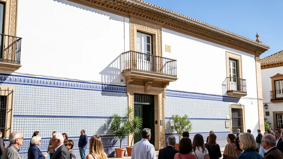 Facade of a traditional Andalusian town hall with a balcony and tiles.