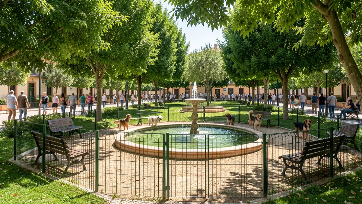 Image of a new dog park in Chiclana with vegetation, benches, and a fountain.