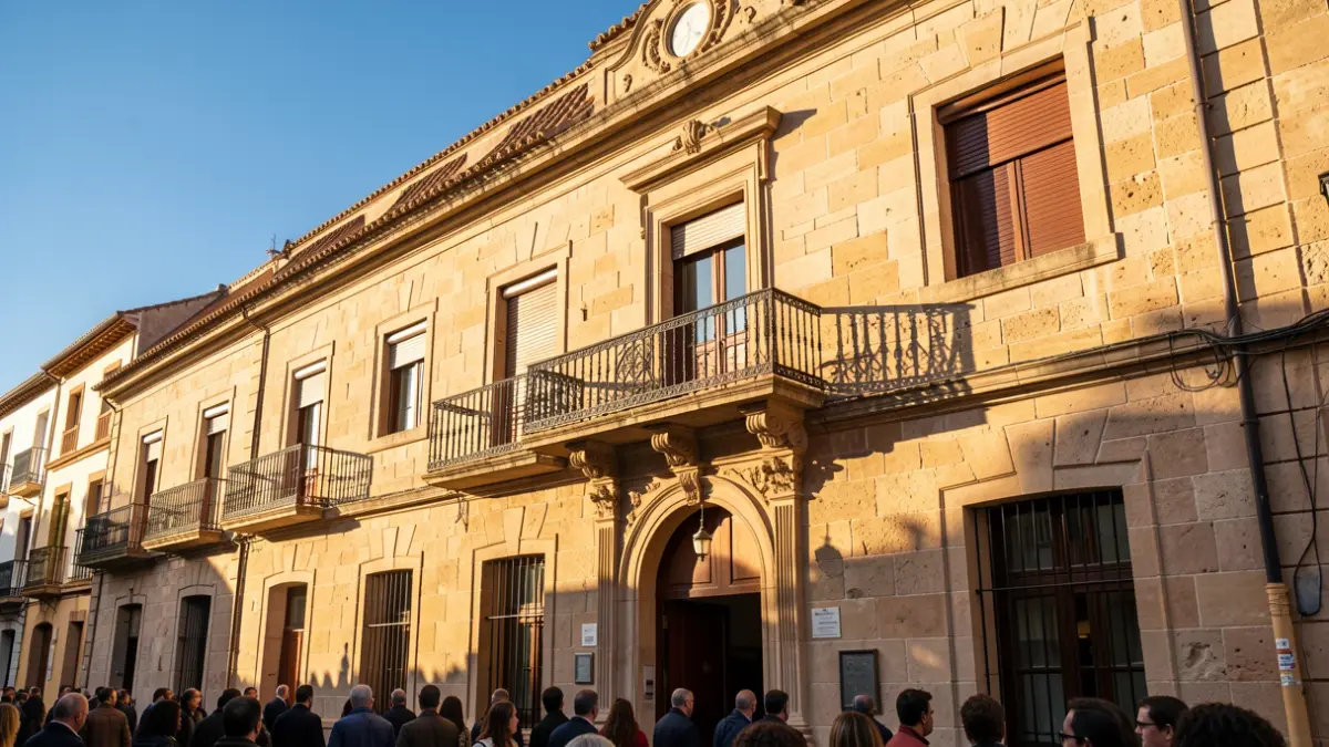 Fachada de un ayuntamiento andaluz con balcón y barandillas de hierro, luz de sol de la tarde.