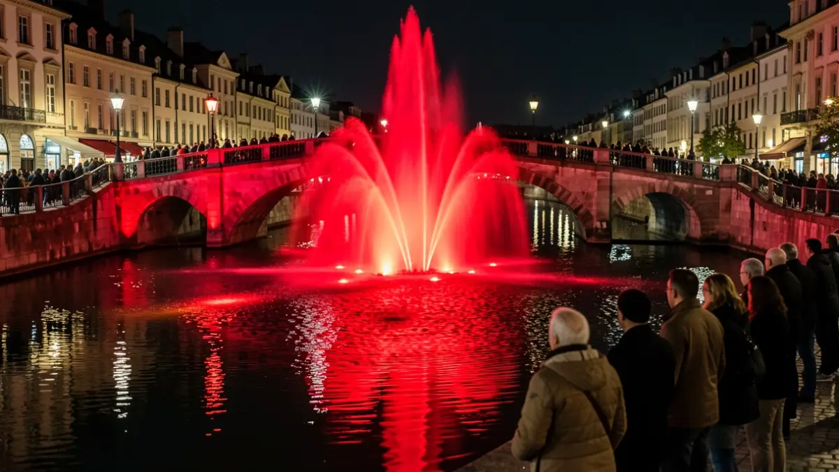 Fuente y puente iluminados de rojo para concienciar sobre la Distrofia Muscular de Duchenne.