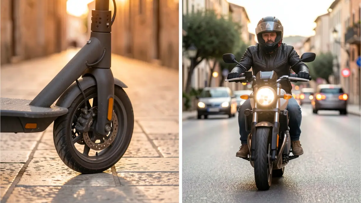 Split image showing an electric scooter wheel and a motorcyclist with helmet and closed shoes in Chipiona.