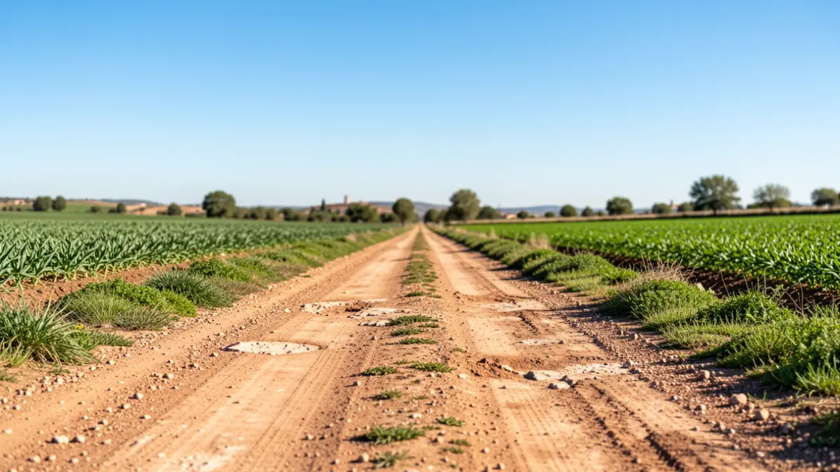 Camino rural en Chipiona con trabajos de mantenimiento.