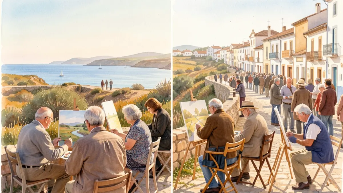 Artists painting watercolors outdoors in Chipiona during the Watercolor Days.