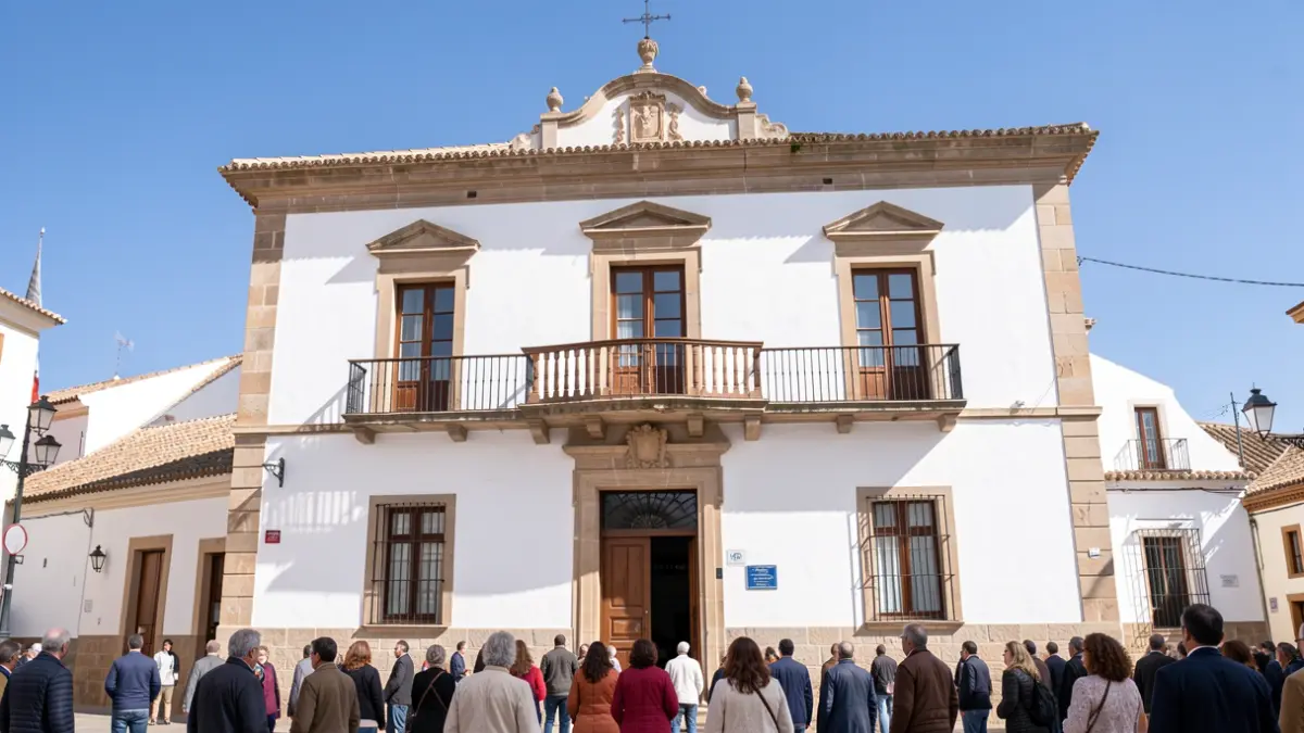 Facade of the Chipiona Town Hall, a traditional Andalusian white building with a balcony.