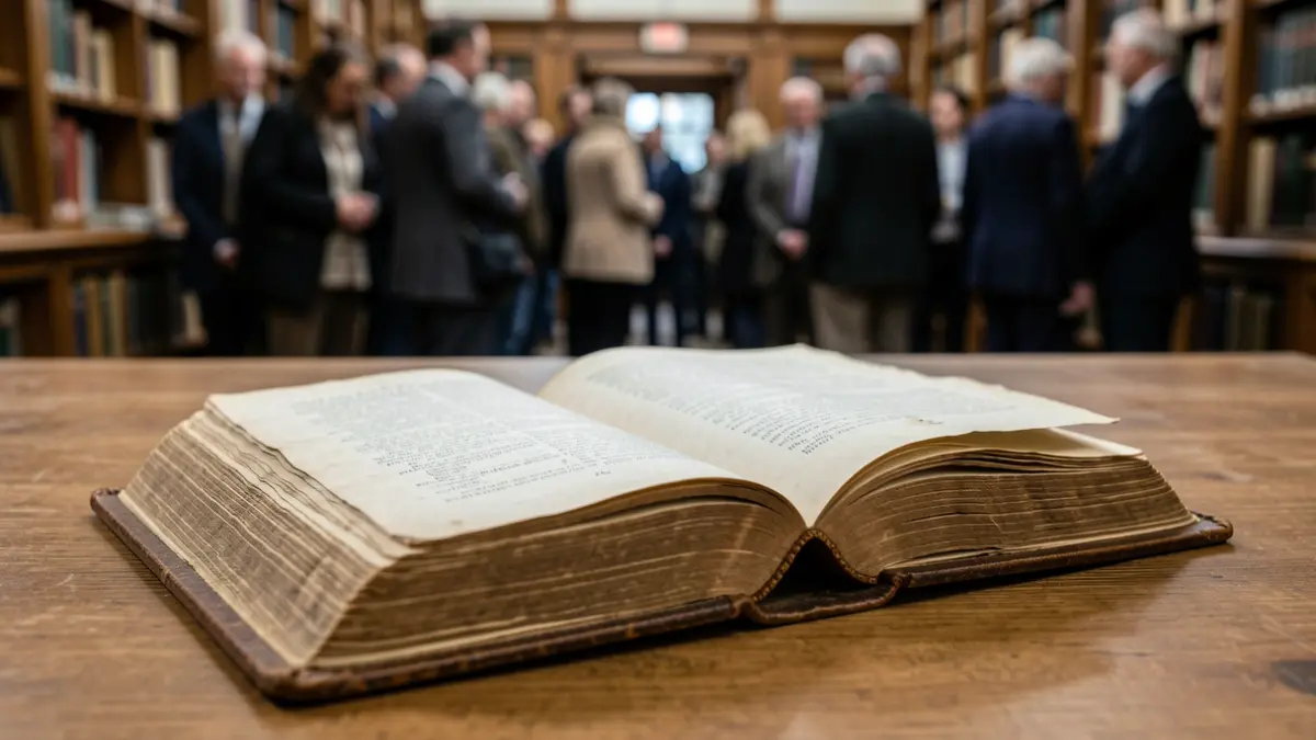 Image of an old book open on a wooden table, with dim light.