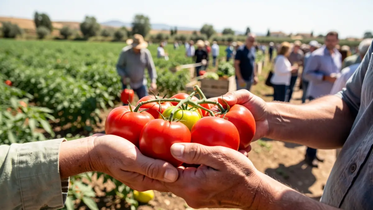 Close-up of hands holding horticultural products with blurred agricultural fields in the background.