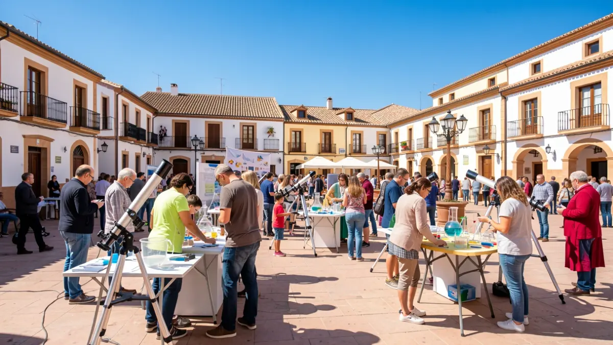 Image of a science outreach event in an Andalusian town square with the public interacting with exhibits and telescopes.