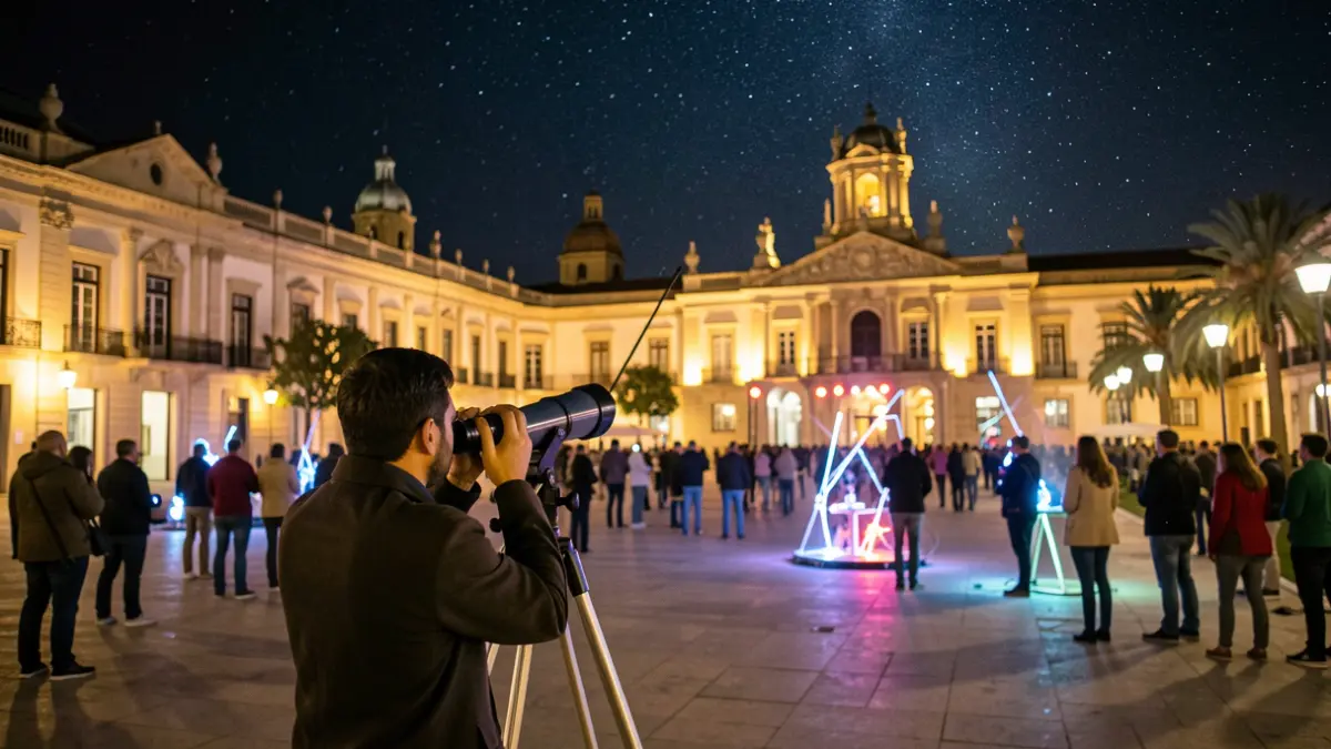 Image of the European Researchers' Night in Córdoba, featuring telescopes, experiment lights, and music in the gardens of the Episcopal Palace.