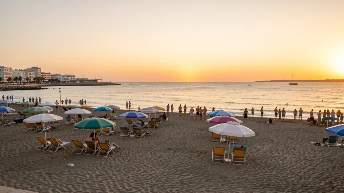 Imagen genérica de una playa mediterránea en Motril al atardecer, con sillas y sombrillas recogidas.