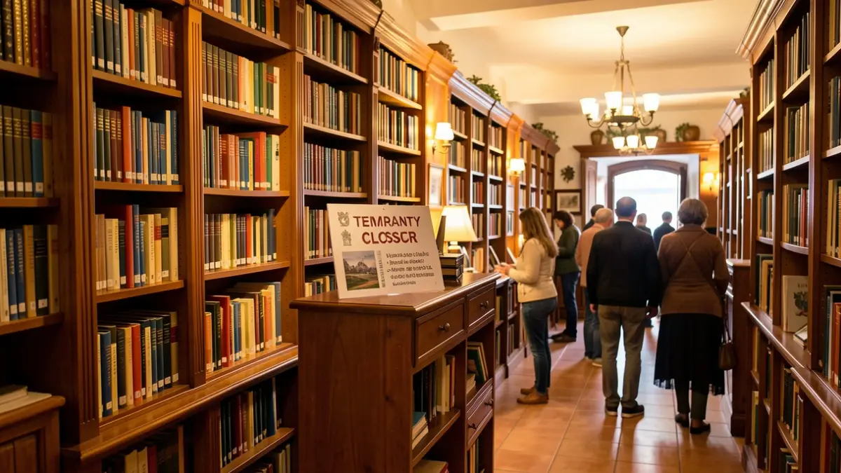 Imagen genérica del interior de una biblioteca municipal andaluza con estanterías llenas de libros y un cartel de cierre temporal.