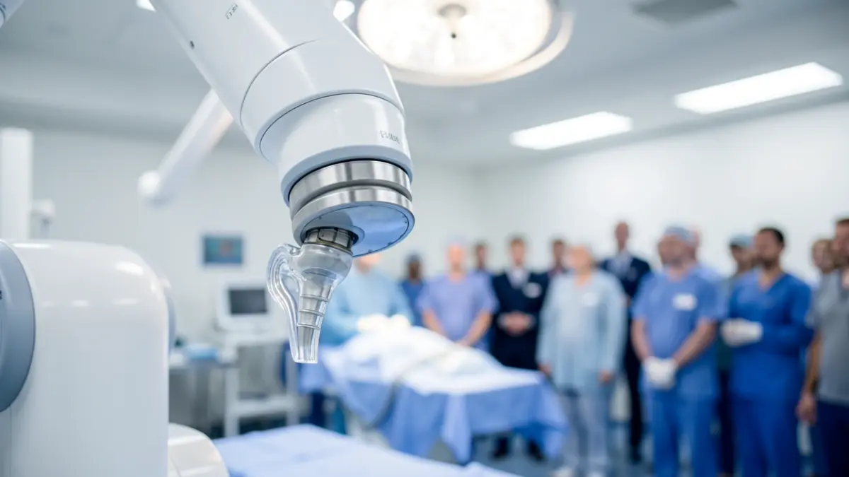 Close-up of a robotic surgical arm with a knee implant component in a sterile operating room environment.