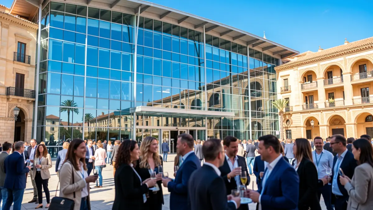 Facade of a modern convention center with a group of professionals interacting.
