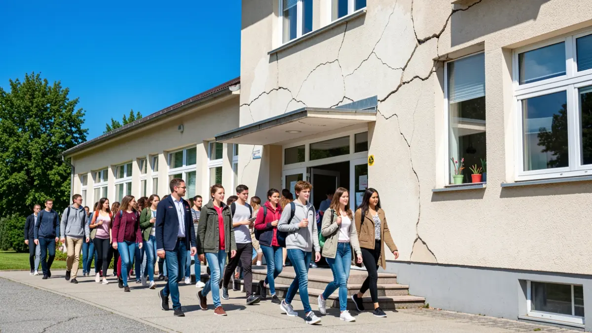 Generic image of students entering a school with a slightly cracked facade.